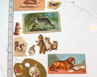 Lot of 10 Antique Victorian Die Cut Scraps Dogs Cats Rabbits Authentic