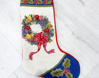 Vintage Lined Christmas Stocking Needlepoint Wreath Velvet Nostalgic Classic