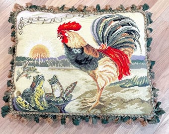 LARGE 22x18 Vintage French Country Rooster Frog Needlepoint Pillow Tassel Fringe