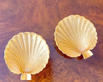 PAIR 3in Vintage Solid Brass Gold Clam Sea Shell Scallop Footed Trinket Dish