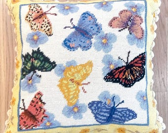 Vintage 15in Pillow Butterflies Needlepoint Zipper Tassels Yellow Velvet PomPom