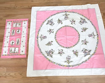 SET 2 Vintage Tablecloth Towel 1950s Kids Kitchen Retro Art Deco MCM Kitsch Pink