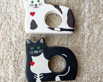 Pair Vintage Wooden Cat Black White Red Heart Napkin Holders Cottagecore Cute