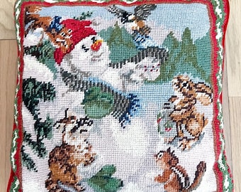 Vintage Needlepoint Christmas Snowman Chipmunk Bunny Square 13.5in Red