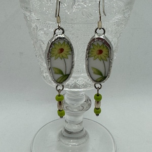 Broken China Dangle Earrings, Boho Jewelry, Vintage Floral Broken China Jewelry, Gift for Wife, Oval Green Dangle Earrings, Repurposed Jewel