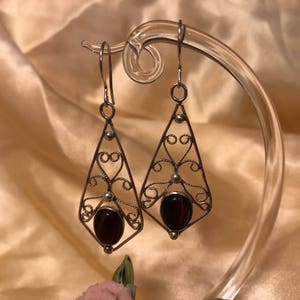 Silver Filigree Tiger Eye Dangle Drop Earrings, 925 Artisan Handcrafted Filigree Jewelry, Mother&#39;s Day Birthday Valentines Day Gift Art Deco