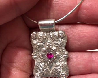 Silver Ruby Art Deco Pendant Necklace: Handcrafted Sterling Silver Chain