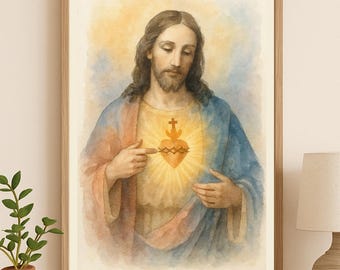 Arte mural digital del Sagrado Corazón de Jesús, acuarela católica imprimible, decoración cristiana moderna, obra de arte basada en la fe, descarga PNG religiosa