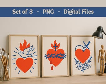 Zestaw 3 Serc Najświętszych i Niepokalanych | Pobierz plik PNG w formacie katolickim | Clipart Ducha Świętego | Sublimacja religijna Sztuka chrześcijańska