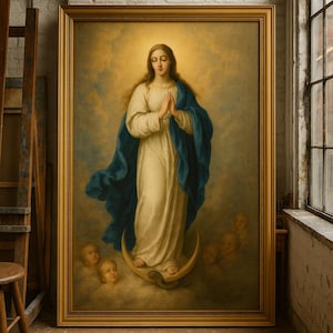 Puede incluir: Pintura religiosa enmarcada que representa a una mujer con un vestido blanco y una capa azul, de pie sobre una luna creciente. La obra de arte tiene un marco dorado y un fondo nublado, con figuras de querubines en la parte inferior.
