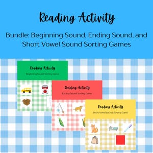 May include: A digital educational bundle featuring three reading activity sorting games. The green, red, and yellow cards display the text Reading Activity and include illustrations of objects like a bus, tomato, cat, and pen for sound sorting.