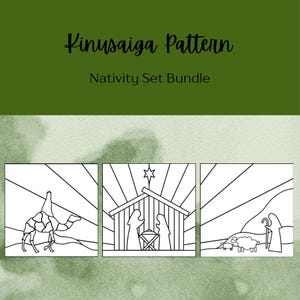May include: A Kinusaiga Pattern Nativity Set Bundle featuring three square black and white line art illustrations. The left panel shows a camel, the center panel depicts a manger scene with a star, and the right panel shows a shepherd with sheep.