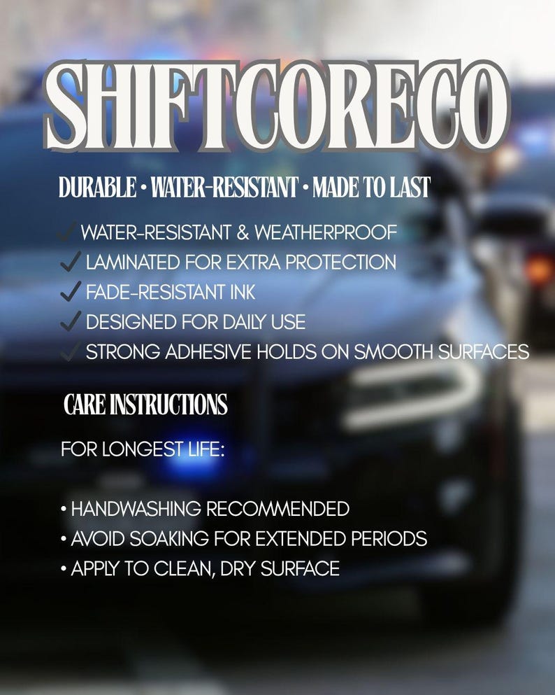 Op de afbeelding: Een afbeelding met de tekst "SHIFTCORECO" en productdetails. De tekst benadrukt duurzaamheid, waterbestendigheid en lange levensduur. Extra details zijn water- en weerbestendig, gelamineerd voor extra bescherming, vervaagbestendige inkt, ontworpen voor dagelijks gebruik.