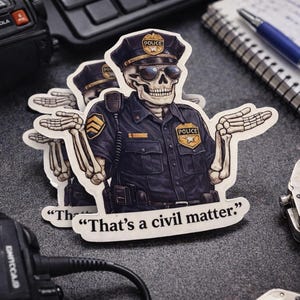 Puede incluir: Adhesivo con un oficial de polic&iacute;a esqueleto con uniforme y gorra azul oscuro, con el texto "That's a civil matter." El adhesivo est&aacute; rodeado de equipo policial, incluyendo una radio, esposas y un bloc de notas.