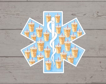 Star of Life Iced Coffee Sticker – Funny EMT Paramedic Decal – First Responder Laptop Tumbler
