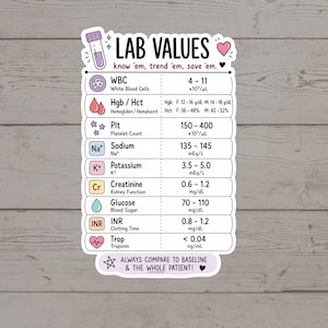 May include: A sticker with the text "LAB VALUES" and the phrase "know 'em, trend 'em, save 'em." The sticker lists normal ranges for WBC, Hgb/Hct, Plt, Sodium, Potassium, Creatinine, Glucose, INR, and Trop. The sticker has a purple and pink color scheme.