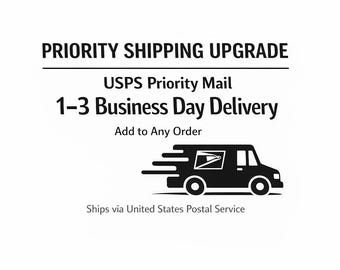 Puede incluir: Gráfico en blanco y negro con el texto "PRIORITY SHIPPING UPGRADE" y "USPS Priority Mail 1-3 Business Day Delivery". También se muestra una camioneta de reparto negra con el logotipo de USPS.