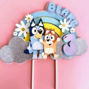 Topper per torta a tema cane blu arcobaleno pastello 3D, topper per torta a tema blu, topper per torta a tema cane
