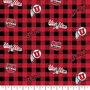Official Licensed University of Utah Cotton Quilting Fabrics-Utah Utes Buffalo Plaid Cotton Fabric Sold by the Yard