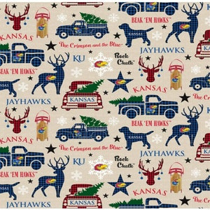 Official Licensed University of Kansas Cotton Quilting Fabrics-Kansas Jayhawks Christmas Cotton Fabric Sold by the Yard
