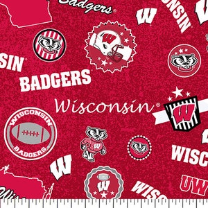 Official Licensed University of Wisconsin Cotton Quilting Fabrics-Wisconsin Badgers Home State Cotton Fabric Sold by the Yard