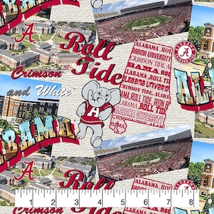 Tecidos oficiais licenciados da Universidade do Alabama para quilting de algodão - Alabama Crimson Tide Scenic Map Tecido de algodão vendido por metro