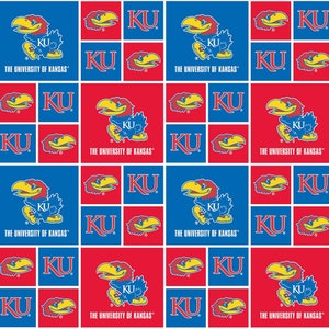 Official Licensed University of Kansas Cotton Quilting Fabrics-Kansas Jayhawks Geometric Cotton Fabric Sold by the Yard