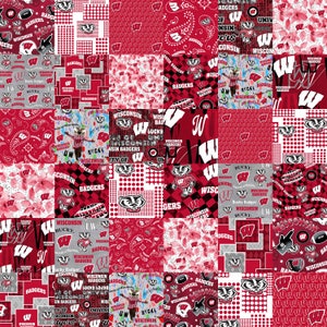 Official Licensed University of Wisconsin Cheater Quilt Cotton Fabric-Wisconsin Badgers Cotton Fabric w/ Patchwork Print & Matching Patterns