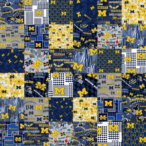 Official Licensed University of Michigan Cheater Quilt Cotton Fabric-Michigan Wolverines Cotton Fabric w/ Patchwork Print & Matching Pattern