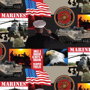 Official Licensed Military US Marines Cotton Quilting Fabrics- US Marines Cotton Fabric Sold by the Yard