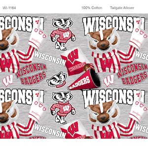 Official Licensed University of Wisconsin Cotton Quilting Fabrics-Wisconsin Badgers Mascot Heather Cotton Fabric Sold by the Yard