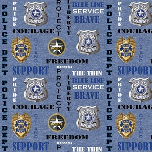 Official Licensed Police Officer Cotton Quilting Fabrics- Police Department Cotton Fabric Sold by the Yard