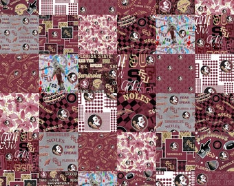 May include: A collage of various patterns and designs featuring the Florida State Seminoles logo. The patterns include polka dots, paisley, and checkered designs. The colors are primarily maroon and gold.