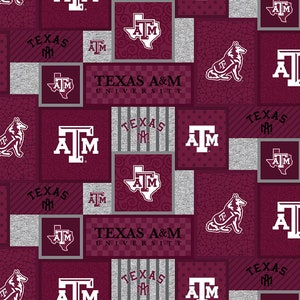Official Licensed Texas A&M University Fleece Fabric- TAMU Aggies College Patch Fleece Sold by the Yard