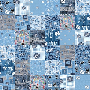 May include: A digital collage featuring various patterns and designs in shades of blue and white. The collage includes the text "UNC" and "North Carolina" repeated throughout. The patterns include polka dots, paisley, and chequered designs.