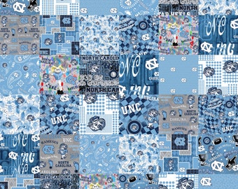 Puede incluir: Un collage digital con varios patrones y diseños en tonos azules y blancos. El collage incluye el texto "UNC" y "North Carolina" repetido a lo largo de él. Los patrones incluyen lunares, paisley y diseños a cuadros.