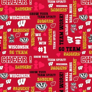 Official Licensed University of Wisconsin Cotton Quilting Fabrics-Wisconsin Badgers Glitter Cotton Fabric Sold by the Yard