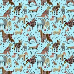 May include: A seamless pattern featuring various breeds of dogs in a patchwork style. The dogs are outlined in black and filled with colorful geometric patterns. The background is a light blue color.