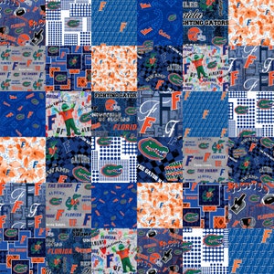 Tessuto di cotone ufficiale con licenza University of Florida Cheater Quilt - Tessuto di cotone Florida Gators con stampa patchwork e motivi abbinati