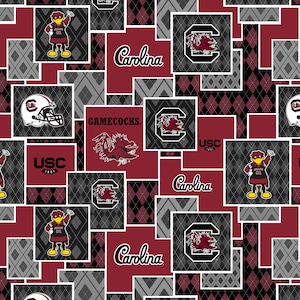 Official Licensed University of South Carolina Cotton Quilting Fabrics-South Carolina Gamecocks Argyle Boxes Cotton Fabric Sold by the Yard