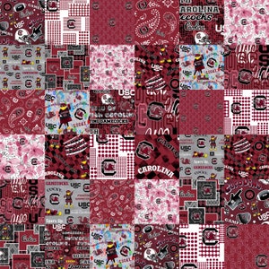 May include: A patchwork design featuring various patterns in garnet and white, including the University of South Carolina Gamecocks logo, footballs, helmets, and floral motifs. The design incorporates the text "Carolina" and "USC".