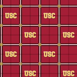 Tessuto di flanella di cotone con licenza ufficiale dell&#39;Università della California del Sud - Tessuto di flanella a quadri USC Trojans Venduto tagliato su misura