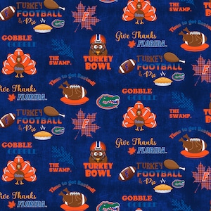 Official Licensed University of Florida Cotton Quilting Fabrics-Florida Gators Thanksgiving Turkey Bowl Cotton Fabric Sold by the Yard