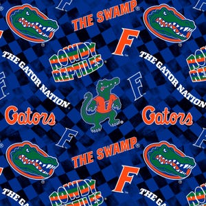 Tessuti per trapuntatura in cotone con licenza ufficiale dell'Università della Florida - Tessuto in cotone a quadri Florida Gators venduto tagliato su misura