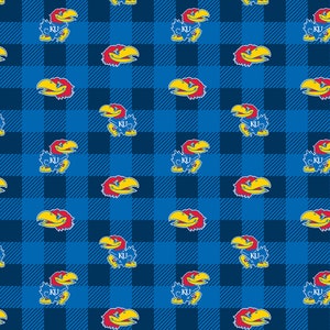 Official Licensed University of Kansas Fleece Fabric- Kansas Jayhawks Buffalo Plaid Fleece Sold by the Yard