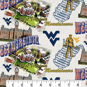Tecidos oficiais licenciados de algodão para quilting da West Virginia University - Tecido de algodão com mapa cênico do West Virginia Mountaineers vendido por metro
