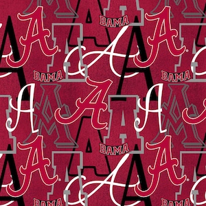 Telas de algodón para acolchado con licencia oficial de la Universidad de Alabama: tela de algodón Alabama Crimson Tide Letters. Se vende cortada a medida