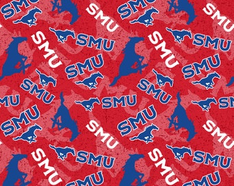 Official Licensed Southern Methodist University Cotton Quilting Fabrics-SMU Mustangs Tone on Tone Cotton Fabric Sold by the Yard