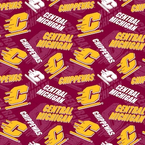 May include: A maroon fabric with a repeating pattern of the Central Michigan University logo. The logo is a stylized "C" with a white outline and a yellow fill. The words "Central Michigan" and "Chippewas" are also included in the pattern.