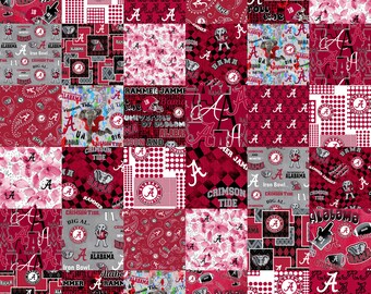 Official Licensed University of Alabama Cheater Quilt Cotton Fabric-Alabama Crimson Tide Cotton Fabric w/ Patchwork Print & Matching Pattern